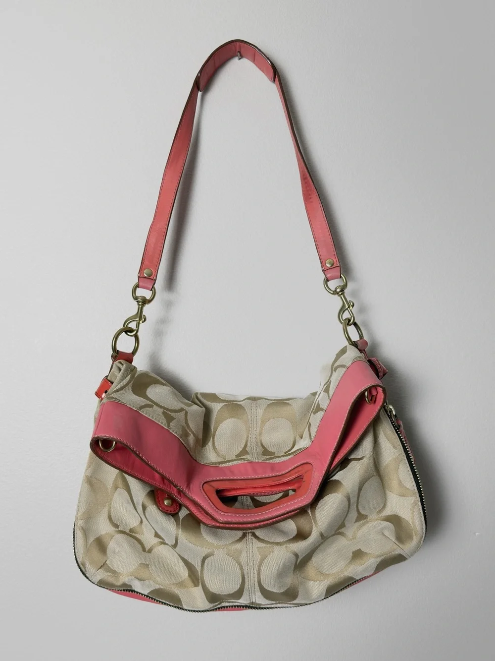 Coach Light Khaki/Coral Bonnie Signature Logo Print Fold Over Crossbody Bag 1339